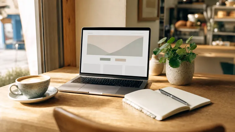 A laptop showing a website design on a sunny café table