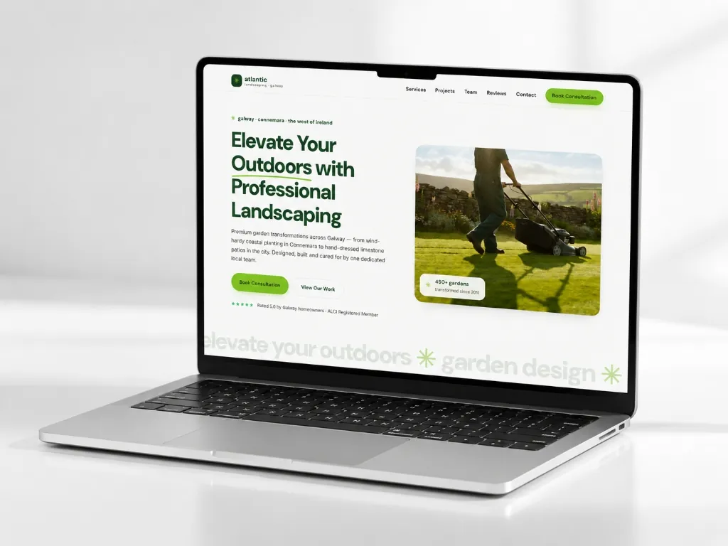 Atlantic Landscaping site shown on a laptop