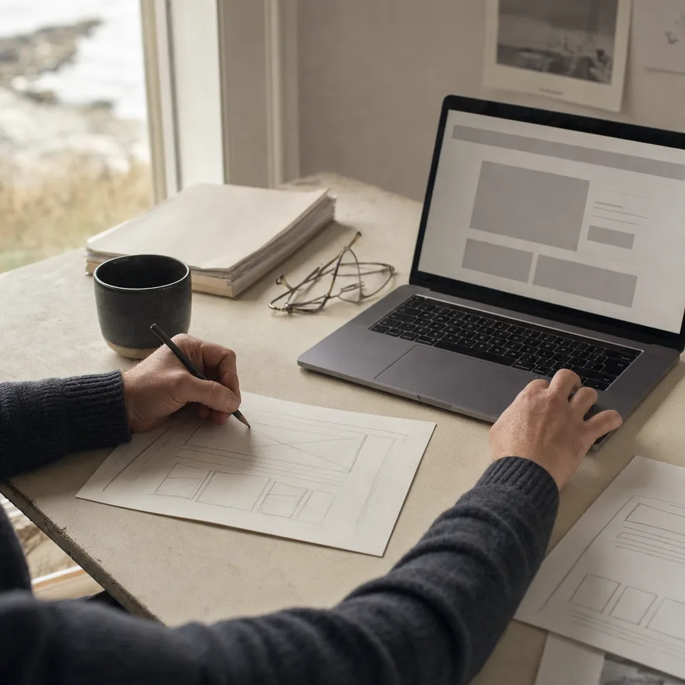 Hands sketching a website wireframe in pencil beside a laptop showing a page layout